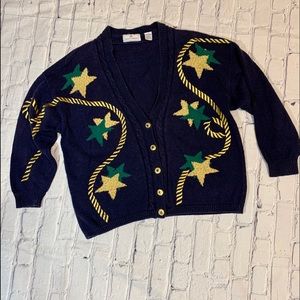 Vintage Navy Cardigan with Green and Gold Stars